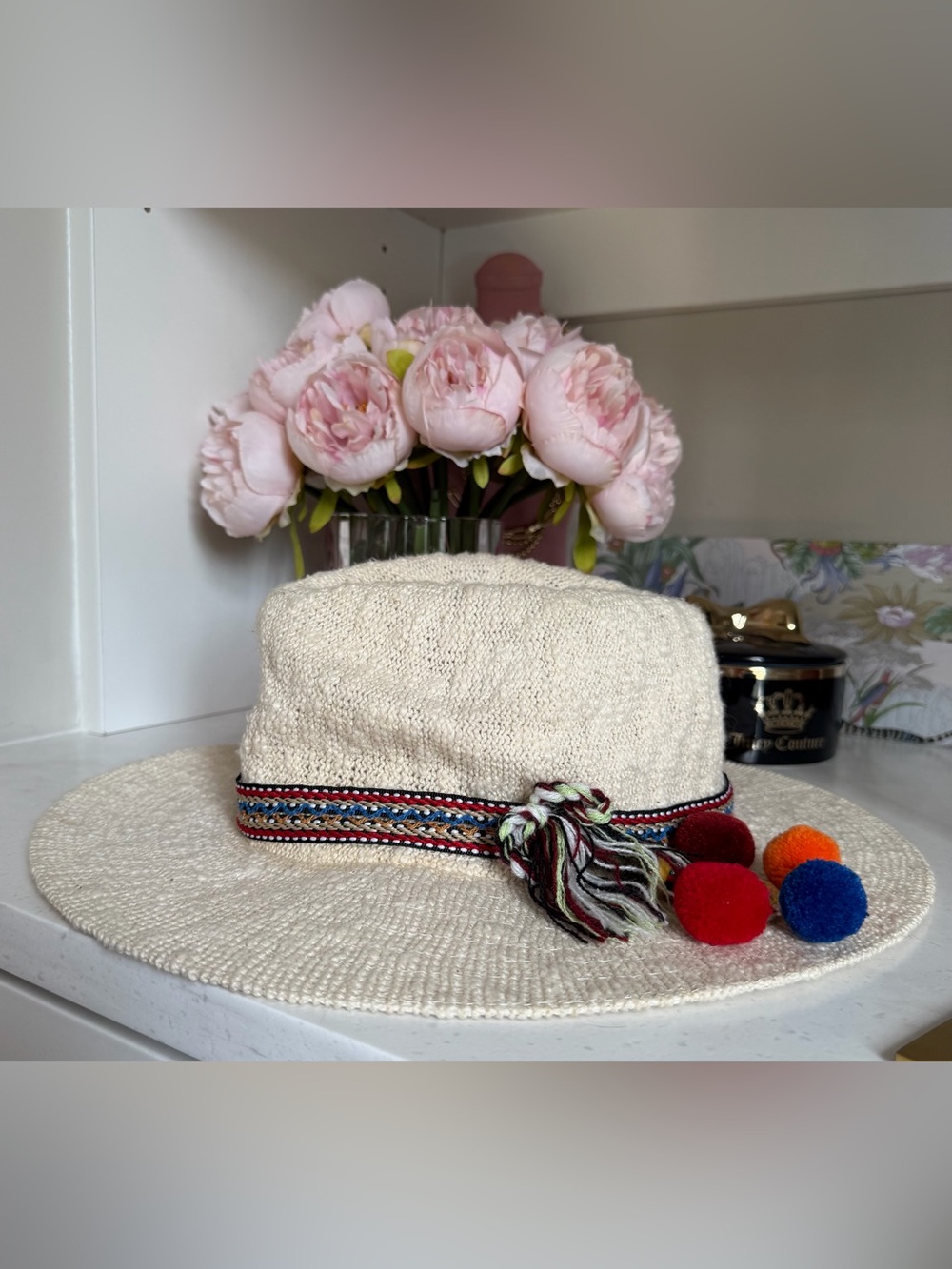 CAbi Cream Woven Sun Hat with Multicolor Braided Band